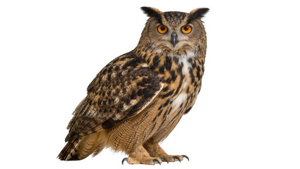 Obraz premium Eurasian eagle-owl with bright orange eyes detailed feathers, isolated on transparent background