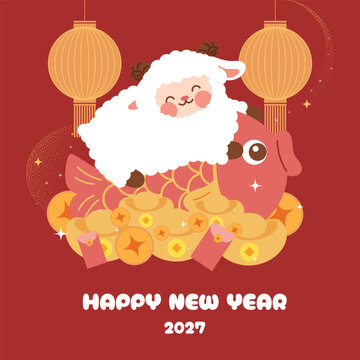 Happy Chinese New Year 2027 vector poster with cute goat riding lucky fish, gold coins, red envelopes and hanging lanterns. Year of the Goat festive greeting card illustration