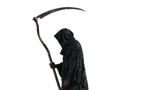Grim Reaper figure in dark tattered robe holding a scythe, isolated on transparent background