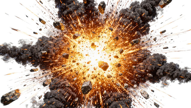 Fiery explosion with dark smoke and flying debris, isolated on transparent background