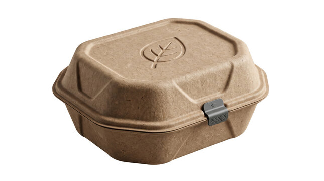 Eco-friendly biodegradable food container with leaf logo. Sustainable brown paper pulp lunch box. Recyclable takeout packaging for catering.