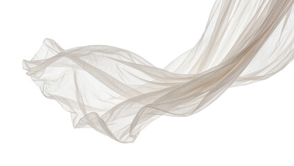 Flowing sheer beige fabric with delicate folds, isolated on transparent background