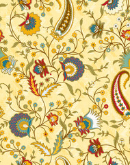Seamless ethnic floral pattern featuring intricate paisley and chintz motifs in yellow, teal, and crimson red over a soft pale yellow background. © KARMA_BELIEVER