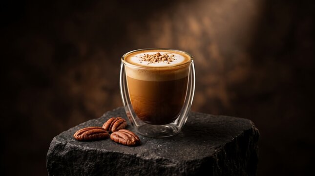 Pecan Cortado with Silky Microfoam and Roasted Pecan Praline in an Elegant Glass Cup