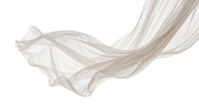 Flowing sheer beige fabric with delicate folds, isolated on transparent background
