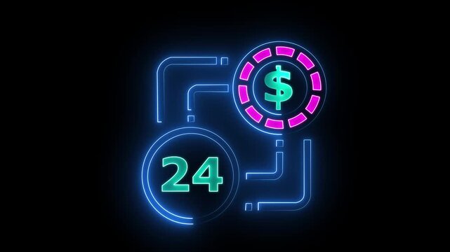 24 dollar sign text vibrant neon green on black background, financial wealth and currency concept. Neon check mark with payment successful. Confirmation, money transaction concept.