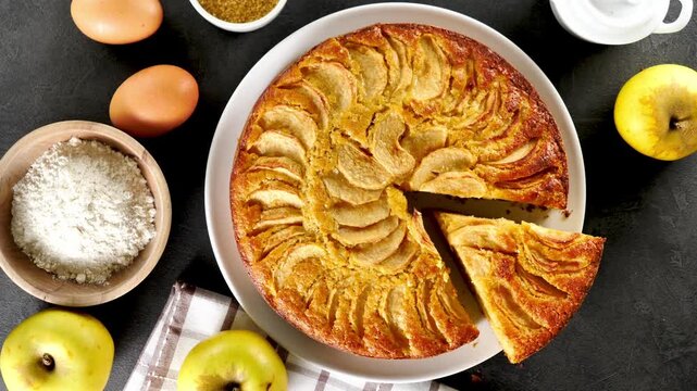 homemade apple pie with slice cut, surrounded by fresh ingredients
