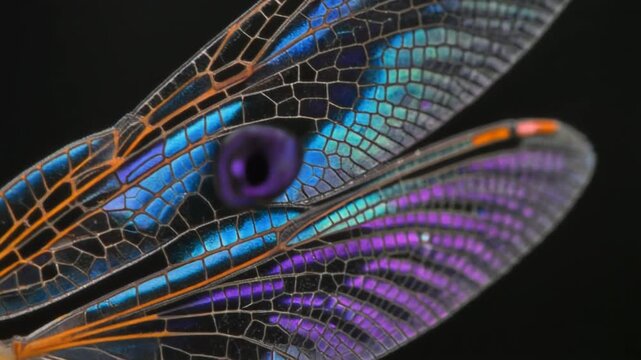 Intricate iridescent dragonfly wings with detailed eye in macro detail against dark background