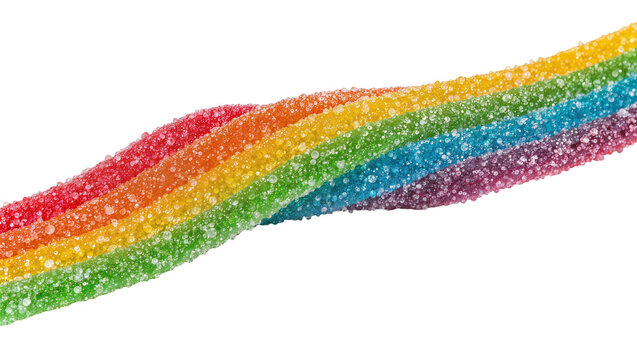 Sour rainbow candy strip covered in sugar crystals, isolated on transparent background