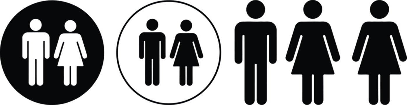 Set of black and white featuring male and female figures in circles and standing, isolated on a white background, representing restroom signs and gender