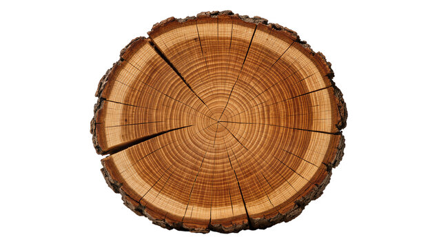 Cross section of a rough bark tree trunk with visible growth rings, isolated on transparent background