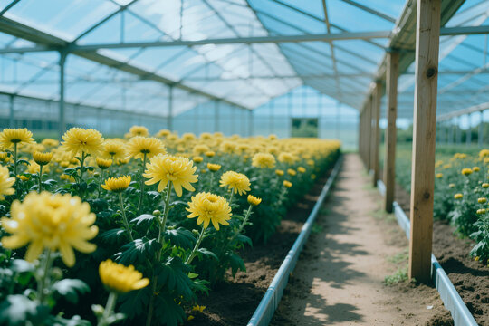 Wide angle view of yellow chrysanthemum flowers growing in greenhouse rows, supporting commercial floriculture and controlled agriculture. Ideal for farming, horticulture, supply chain marketing