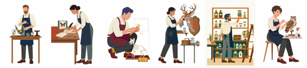 Fototapeta premium Professional Taxidermists and Museum Conservators Working with Animal Specimens, Skeletons, and Botanical Samples in a Laboratory Illustration Set.
