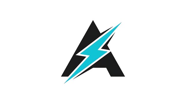 Modern letter A logo with lightning bolt, electric power symbol in blue and black, dynamic energy icon for tech branding
