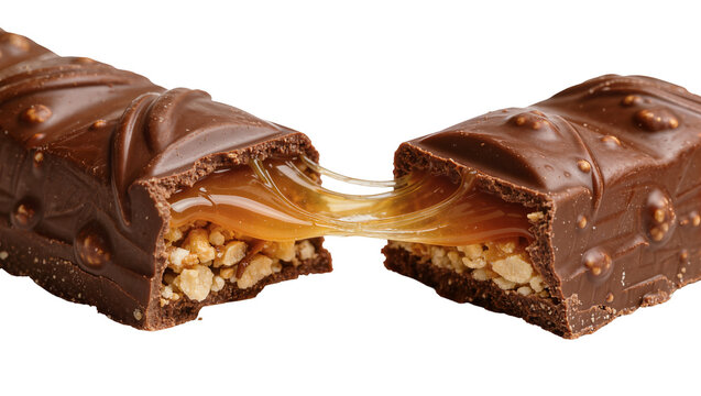 Chocolate bar with gooey caramel and crunchy nuts, isolated on transparent background