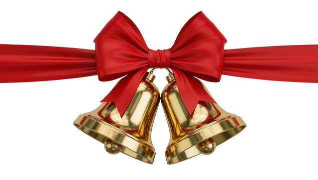 Shiny golden bells tied with a red satin ribbon bow, isolated on transparent background