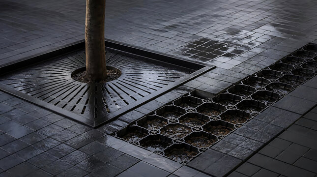 Floor drain grate with geometric pattern.
