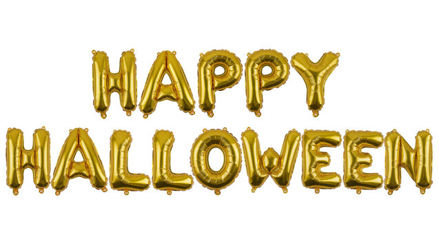 Golden foil letter balloons spelling Happy Halloween , isolated on transparent background