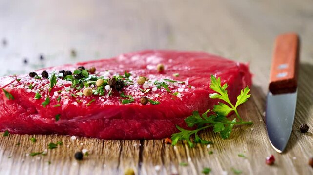 raw beef steak seasoned with pepper and herbs on cutting board
