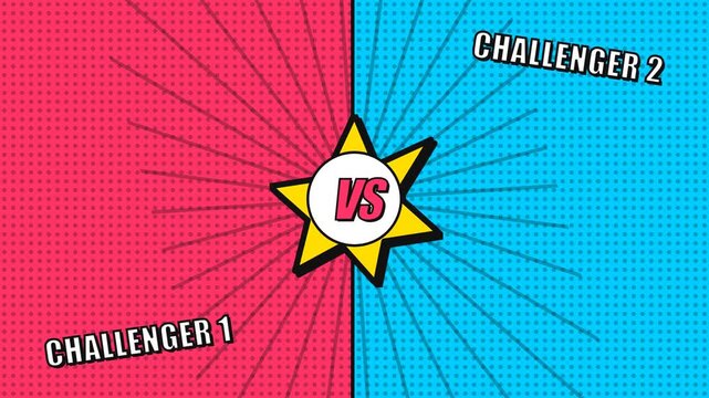 Comic book style versus screen with red and blue challenger backgrounds.