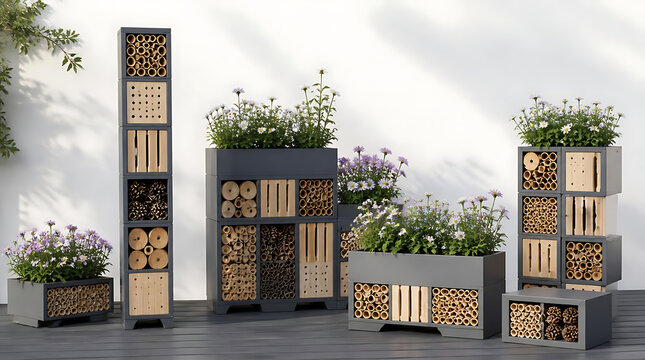 Decorative wooden planters with ornamental metal screens.