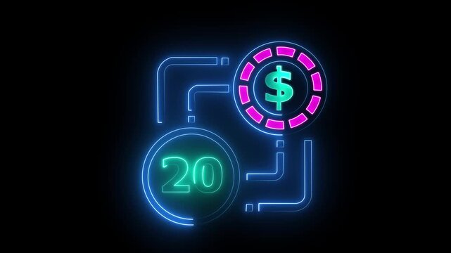 20 dollar sign text vibrant neon green on black background, financial wealth and currency concept. Neon check mark with payment successful. Confirmation, money transaction concept.
