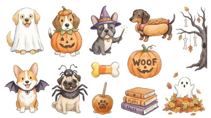 Fototapeta premium Funny Halloween dogs in costumes, autumn decor set. Collection of Vector illustrations for invitation, card, poster, banner, decoration