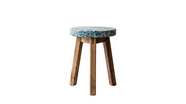 Sustainable wooden stool with recycled plastic seat, eco-friendly furniture design, modern timber stool on white background