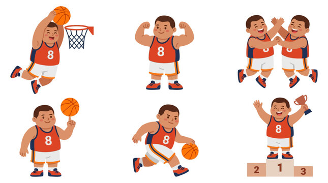 Set of male kids basketball player poses flexing muscle dribbling flat vector
