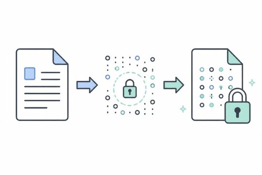 Text document converting into an encrypted file through a security padlock, three step data encryption process concept, flat vector illustration