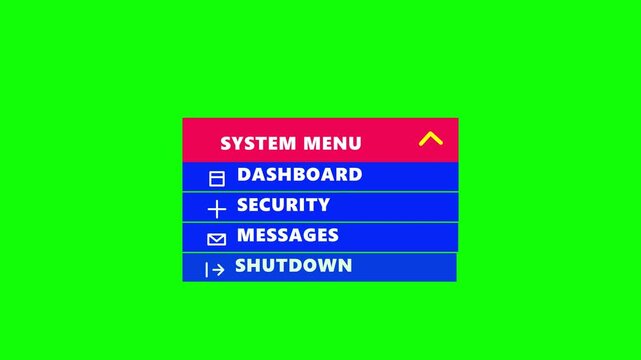 Digital System Menu UI Interface with Dashboard Security and Shutdown Options on Green Screen Background