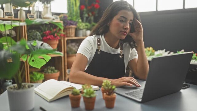 Woman florist in a flower shop resting chin on hand, typing on laptop with succulents and open notebook on table in studio; contemplation.