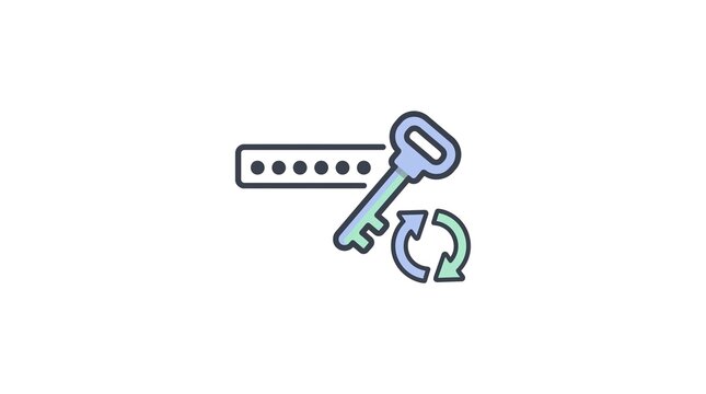 Password input field with a security key and rotating sync arrows, password reset and login credential update concept, flat vector icon illustration