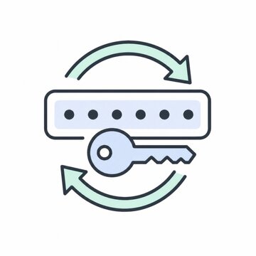 Password field with a key encircled by large refresh arrows, regular password update and account credential renewal concept, flat vector icon illustration