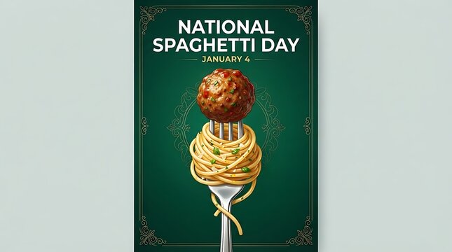 National spaghetti day poster design featuring a single meatball on a fork with twirled pasta against a decorative dark green background for january 4th celebration