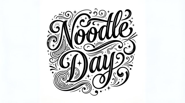Noodle day hand lettering typography design, creative calligraphy with decorative swirls and star elements, isolated on white background