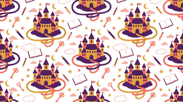 Magical Castle Seamless Pattern with Fantasy Castles, Crescent Moons and Stars