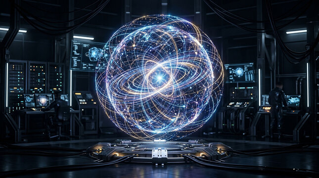 Futuristic Fusion Reactor Core with Glowing Energy Orbits.