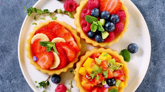 colorful mini fruit tartlets with berries and mango, top view