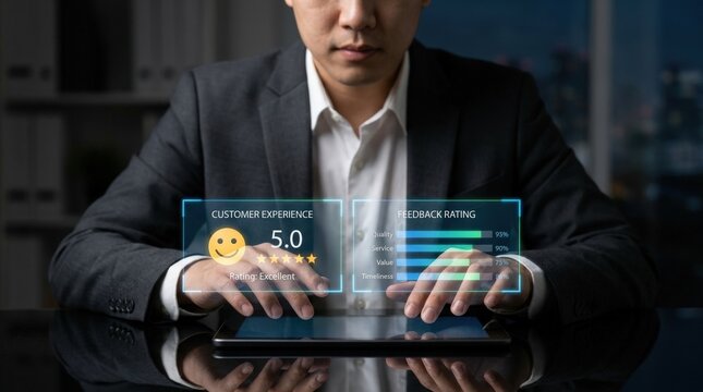 Man reviewing customer feedback on a digital interface with star ratings and graphs.