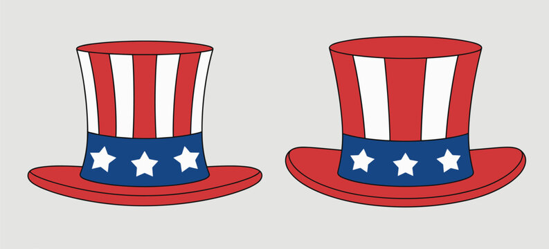 Uncle Sam Hat Pair: Two patriotic top hats featuring iconic red, white, and blue stripes and star motifs.