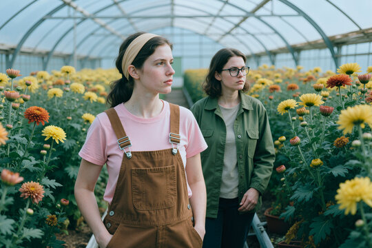 Young adult women inspecting blooming flowers in greenhouse, supporting horticulture production and sustainable agriculture. Useful for farming business, floriculture marketing, teamwork