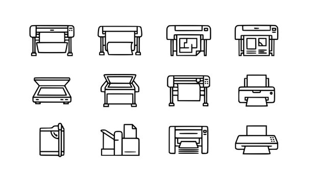 Professional print shop machine line icon set with printer plotter scanner cutting binding laminating and paper tools