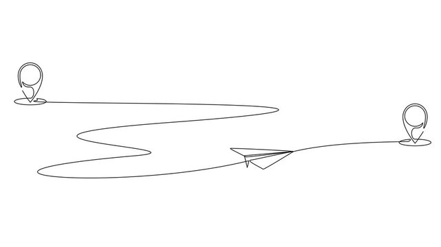 animated continuous line drawing of a paper plane flying along a winding route between two map pin location markers, air travel line art animation