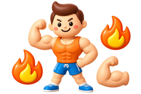 3D style illustration of a muscular man flexing biceps with fire and muscle icons