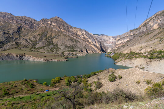 Landscape of mountains and Gunib reservoir in Dagestan