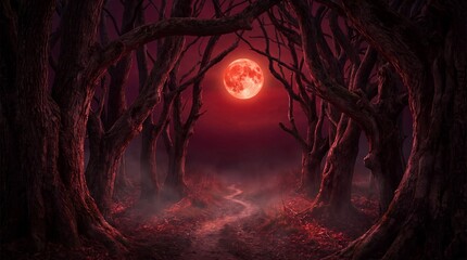 Obraz premium Red Moon Forest Path Night Scene