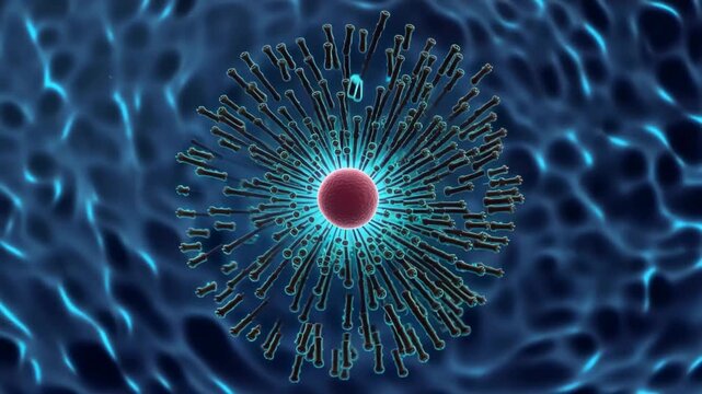 Red spherical virus particle surrounded by elongated structures, illustrating dynamic movement and interaction in a microscopic environment with blue background