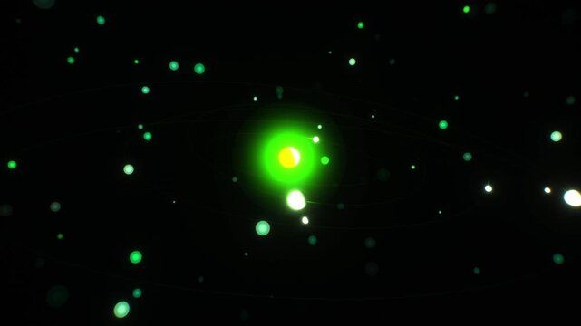Solar system planets orbit a glowing green star in an educational 3D animation, creating an abstract astronomy visual for university science presentations