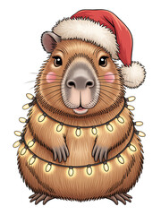 Obraz premium Cute Christmas capybara wearing Santa hat wrapped in glowing lights